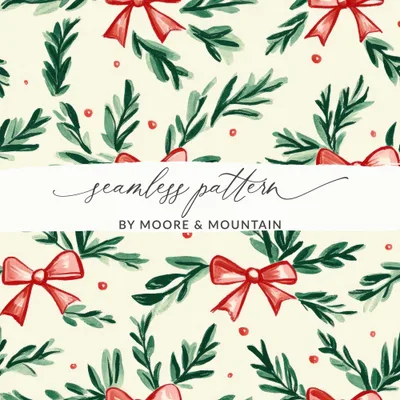Seamless Coquette Bows Christmas Seamless Pattern, Red Christmas Bows with Pine Needles Background