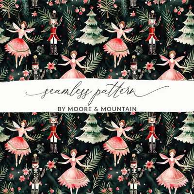 Christmas Digital Paper, Dark Winter Pattern, Ballerina Nutcracker, Pink Floral Seamless Pattern, Digital Background, Scrapbook Paper