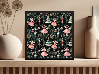 Christmas Digital Paper, Dark Winter Pattern, Ballerina Nutcracker, Pink Floral Seamless Pattern, Digital Background, Scrapbook Paper