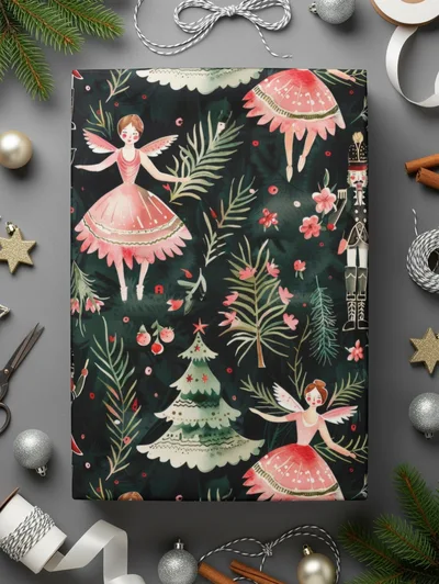 Christmas Digital Paper, Dark Winter Pattern, Ballerina Nutcracker, Pink Floral Seamless Pattern, Digital Background, Scrapbook Paper