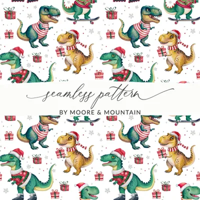Christmas Dinosaur Digital Paper, T Rex, Green, Red, Holiday Pattern, Winter Seamless Pattern, Festive Print, Digital Download
