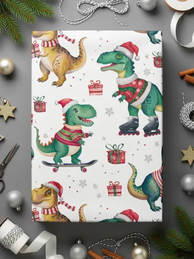 Christmas Dinosaur Digital Paper, T Rex, Green, Red, Holiday Pattern, Winter Seamless Pattern, Festive Print, Digital Download