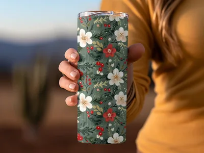 Christmas Ditsy Floral Pattern Green Background Flowers And Berries Digital