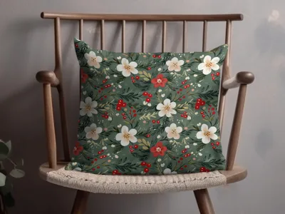 Christmas Ditsy Floral Pattern Green Background Flowers And Berries Digital