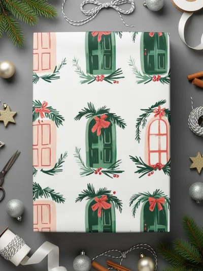 Christmas Doors Digital Paper, Winter Holiday Pattern, Green Pink Repeat Pattern, Festive Scrapbook Paper, Seasonal Surface Design