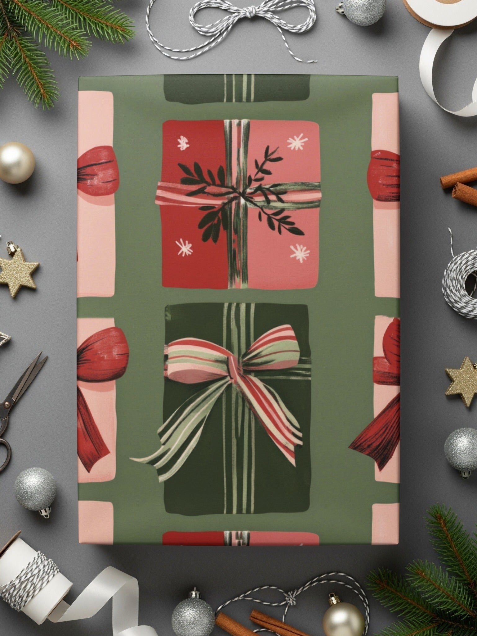 Christmas Gift Digital Paper, Red, Green, Pink Presents Pattern, Holiday Digital Download, Seamless Wrapping Paper, Winter Scrapbook Paper