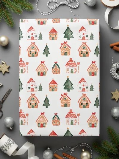 Christmas Gingerbread Houses Pine Trees Pattern Repeat Digital