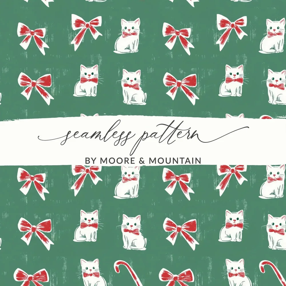 Bows Digital Paper, Seamless Pattern, Coquette Christmas Holiday Bows Fabric Design, Pink, Green Bows, Digital Download, forChristmas Kitties Digital Paper, Seamless Green Background, Candy Cane, Festive Pattern, Xmas Cats