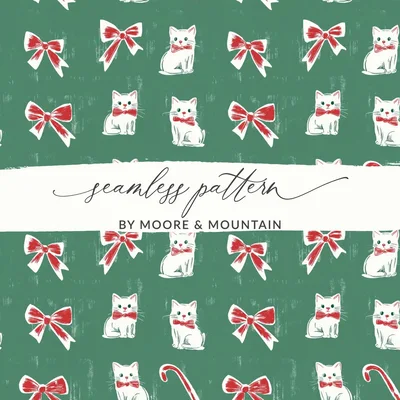 Bows Digital Paper, Seamless Pattern, Coquette Christmas Holiday Bows Fabric Design, Pink, Green Bows, Digital Download, forChristmas Kitties Digital Paper, Seamless Green Background, Candy Cane, Festive Pattern, Xmas Cats