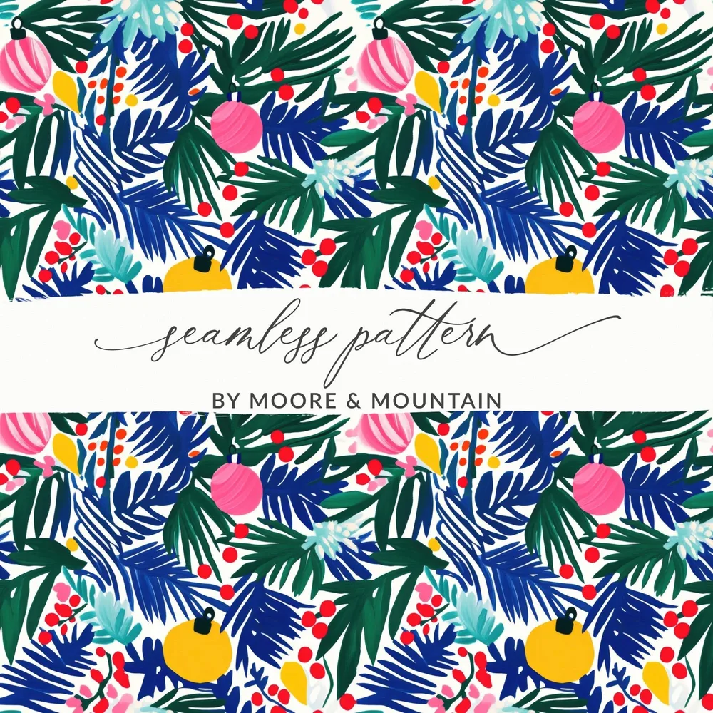 Christmas Ornament Digital Paper, Blue Green Tropical Leaves, Pink Yellow Baubles, Festive Holiday Pattern, Scrapbooking, Wall Art
