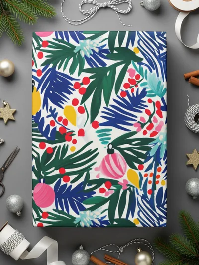 Christmas Ornament Digital Paper, Blue Green Tropical Leaves, Pink Yellow Baubles, Festive Holiday Pattern, Scrapbooking, Wall Art