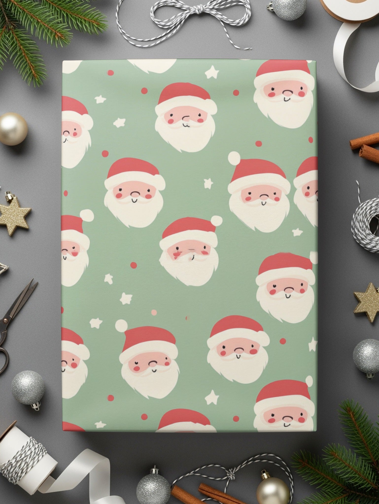 Christmas Pink and Sage Green Seamless Simple Santa Face Pattern