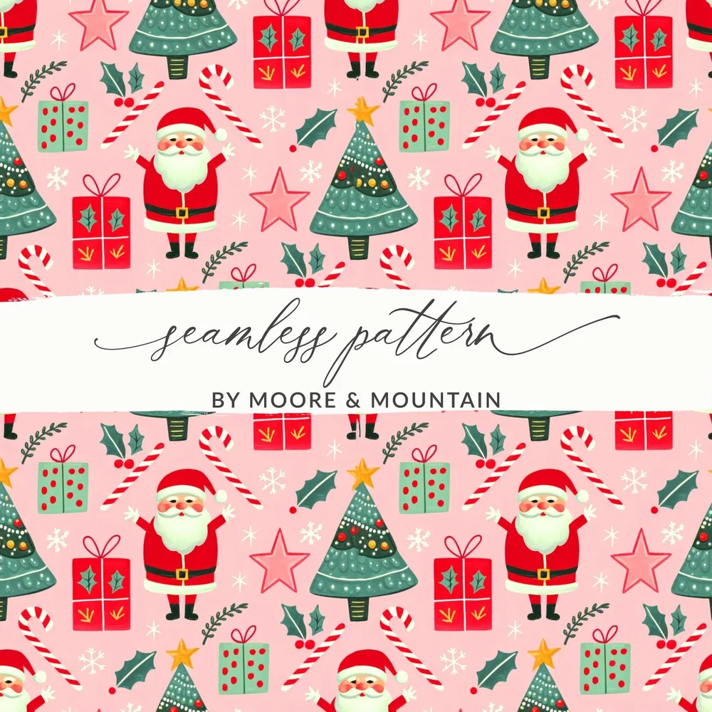 Christmas Seamless Pattern, Holiday Digital Paper, Santa Tree Gift Wrap, Cute Xmas Background, Festive Fabric Design, JPEG Download