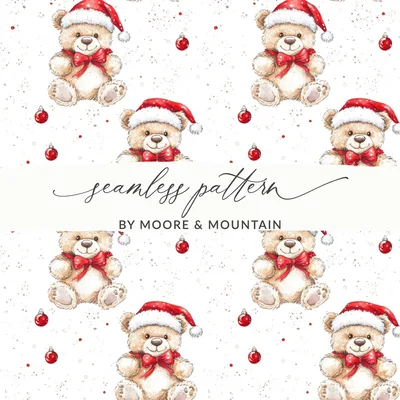 Christmas Teddy Bear Digital Seamless Pattern, Holiday Repeat Pattern, Xmas Bear for Fabric, 12x12 JPEG, 2 Scales, Digital Download