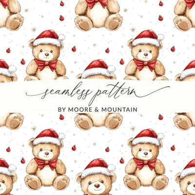 Christmas Teddy Bear Seamless Pattern, Holiday Digital Paper, Watercolor Repeat Pattern, Festive Bears, Digital Download 12x12 inches
