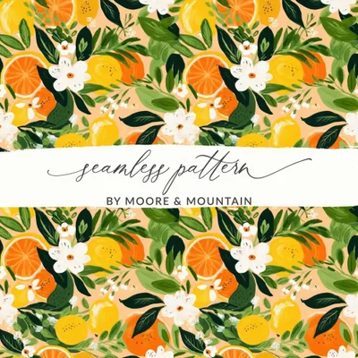 Citrus Floral Pattern, Seamless Ditsy Floral Digital Paper, Lemon Orange Print, Tropical Background, Printable Fabric Design, Summer Wall Art, Digital