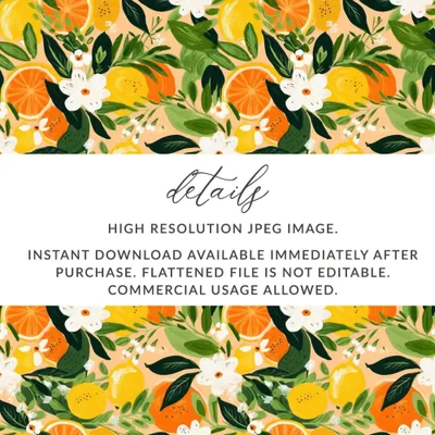 Citrus Floral Pattern, Seamless Ditsy Floral Digital Paper, Lemon Orange Print, Tropical Background, Printable Fabric Design, Summer Wall Art, Digital