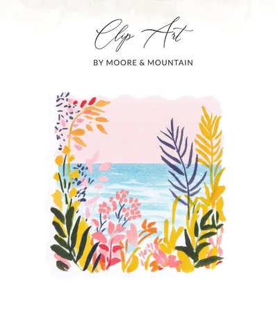 Coastal Beach Scene SVG Preppy Clip Art, Digital Botanical Ocean Horizon Art, Summer Scalloped Frame PNG, Tropical Seaside Illustration