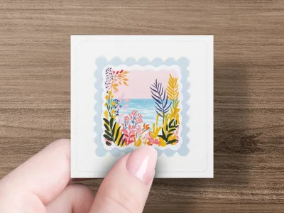 Coastal Beach Scene SVG Preppy Clip Art, Digital Botanical Ocean Horizon Art, Summer Scalloped Frame PNG, Tropical Seaside Illustration