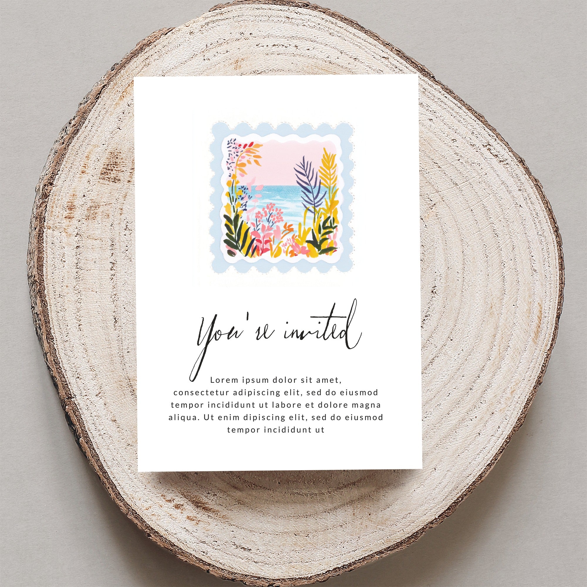 Coastal Beach Scene SVG Preppy Clip Art, Digital Botanical Ocean Horizon Art, Summer Scalloped Frame PNG, Tropical Seaside Illustration