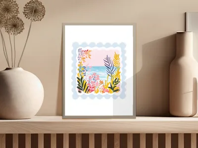 Coastal Beach Scene SVG Preppy Clip Art, Digital Botanical Ocean Horizon Art, Summer Scalloped Frame PNG, Tropical Seaside Illustration