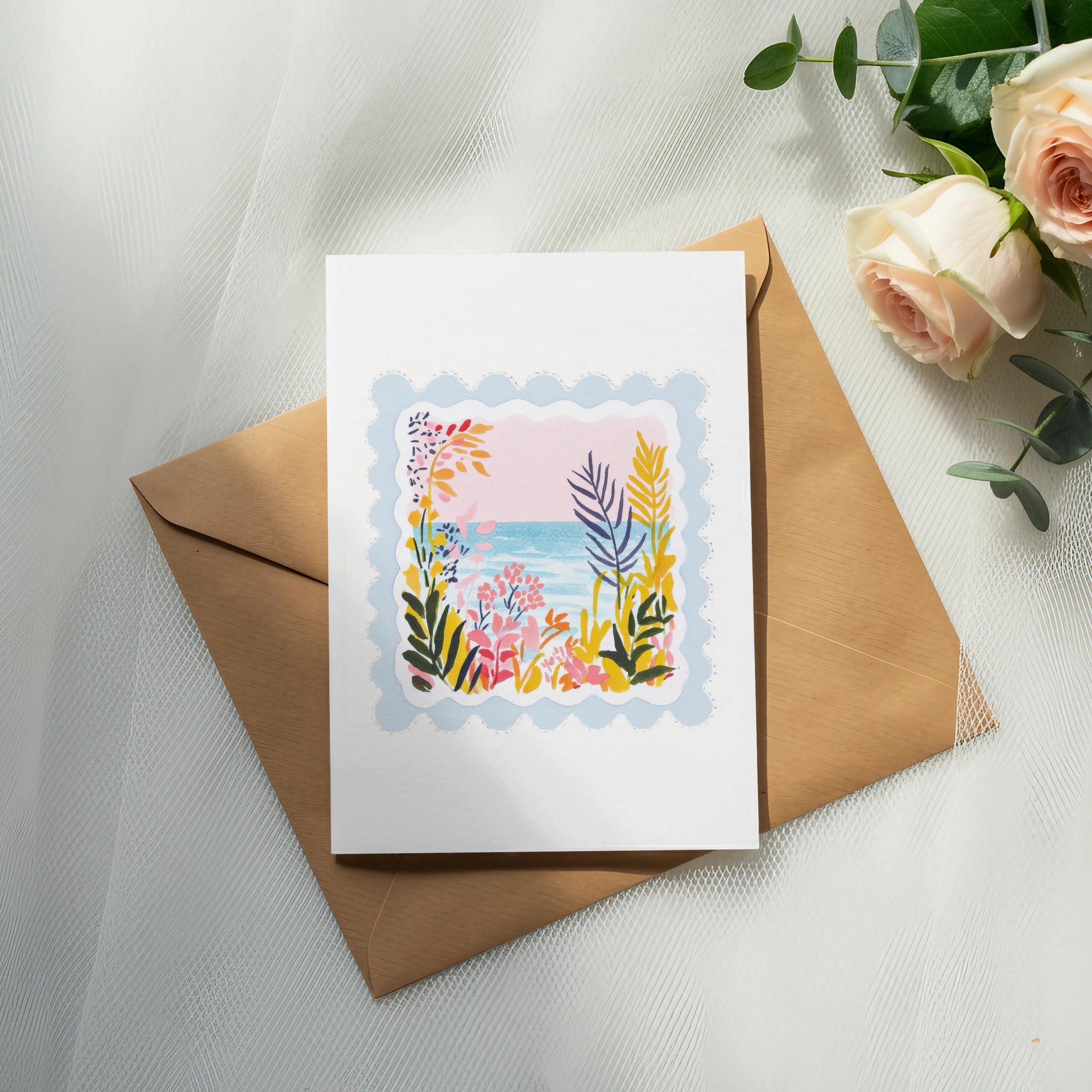 Coastal Beach Scene SVG Preppy Clip Art, Digital Botanical Ocean Horizon Art, Summer Scalloped Frame PNG, Tropical Seaside Illustration