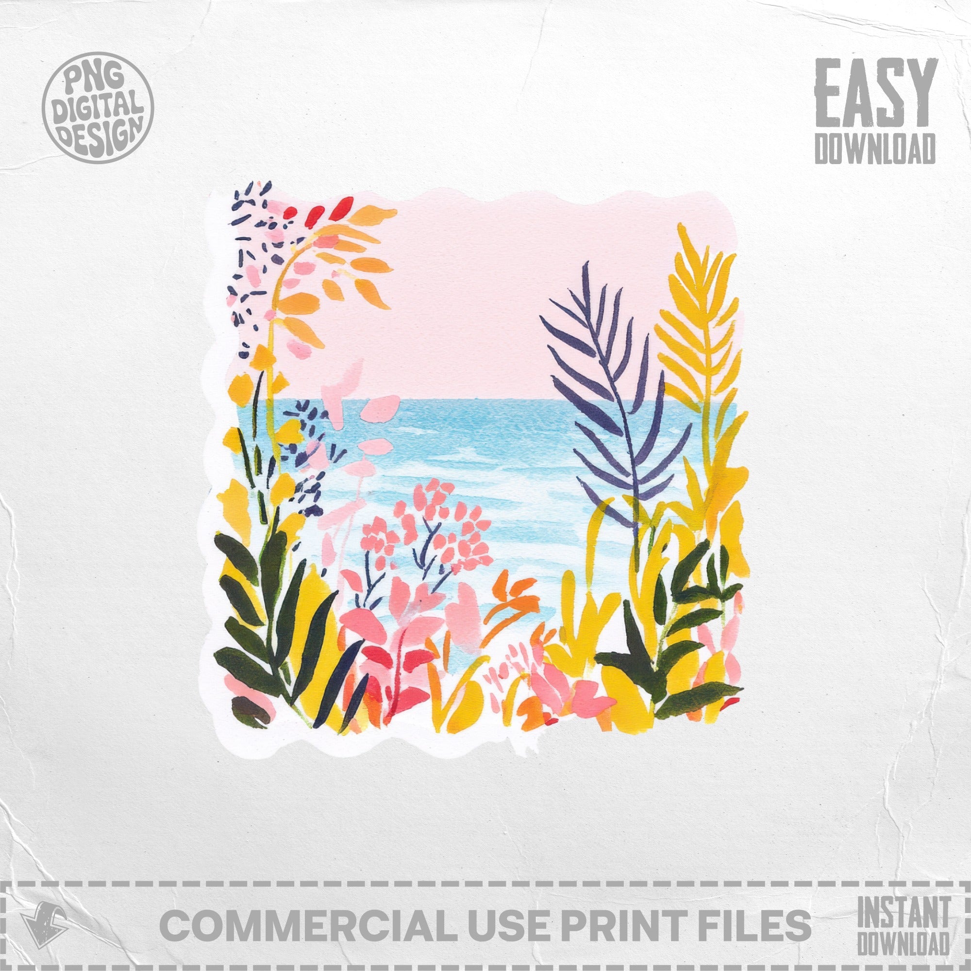 Coastal Beach Scene SVG Preppy Clip Art, Digital Botanical Ocean Horizon Art, Summer Scalloped Frame PNG, Tropical Seaside Illustration