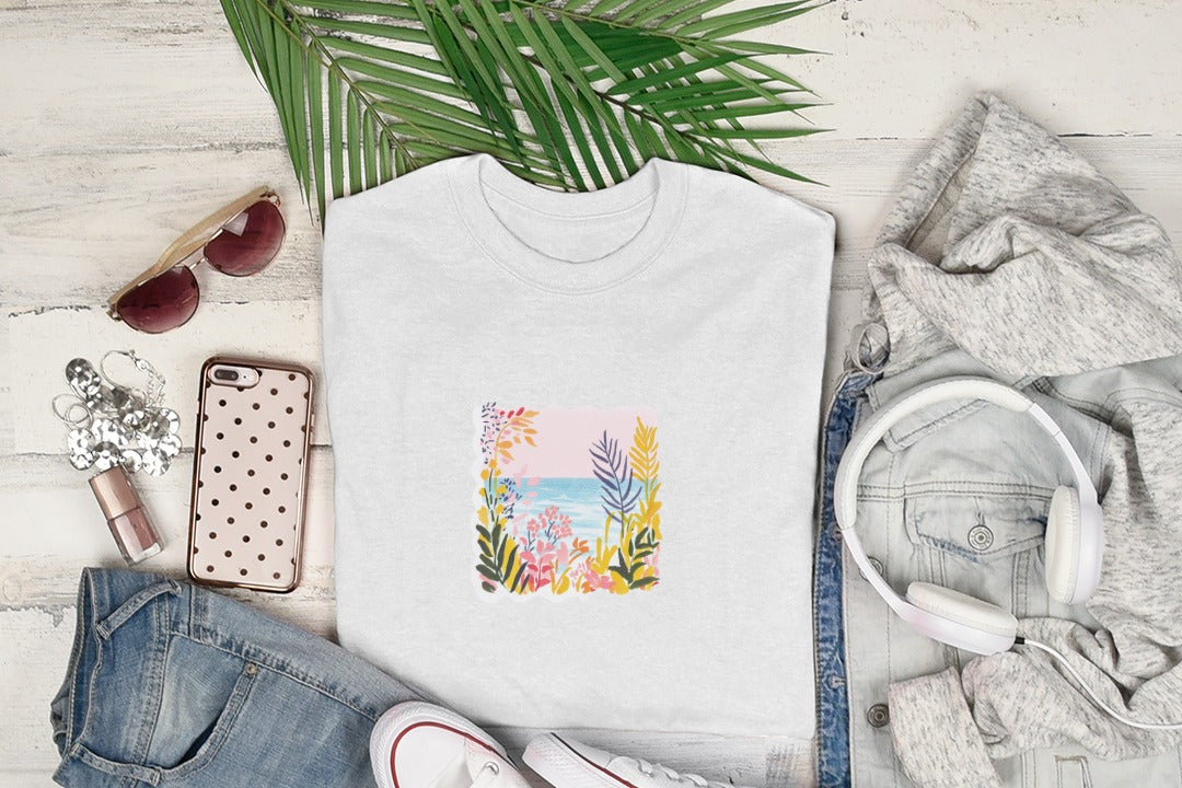 Coastal Beach Scene SVG Preppy Clip Art, Digital Botanical Ocean Horizon Art, Summer Scalloped Frame PNG, Tropical Seaside Illustration