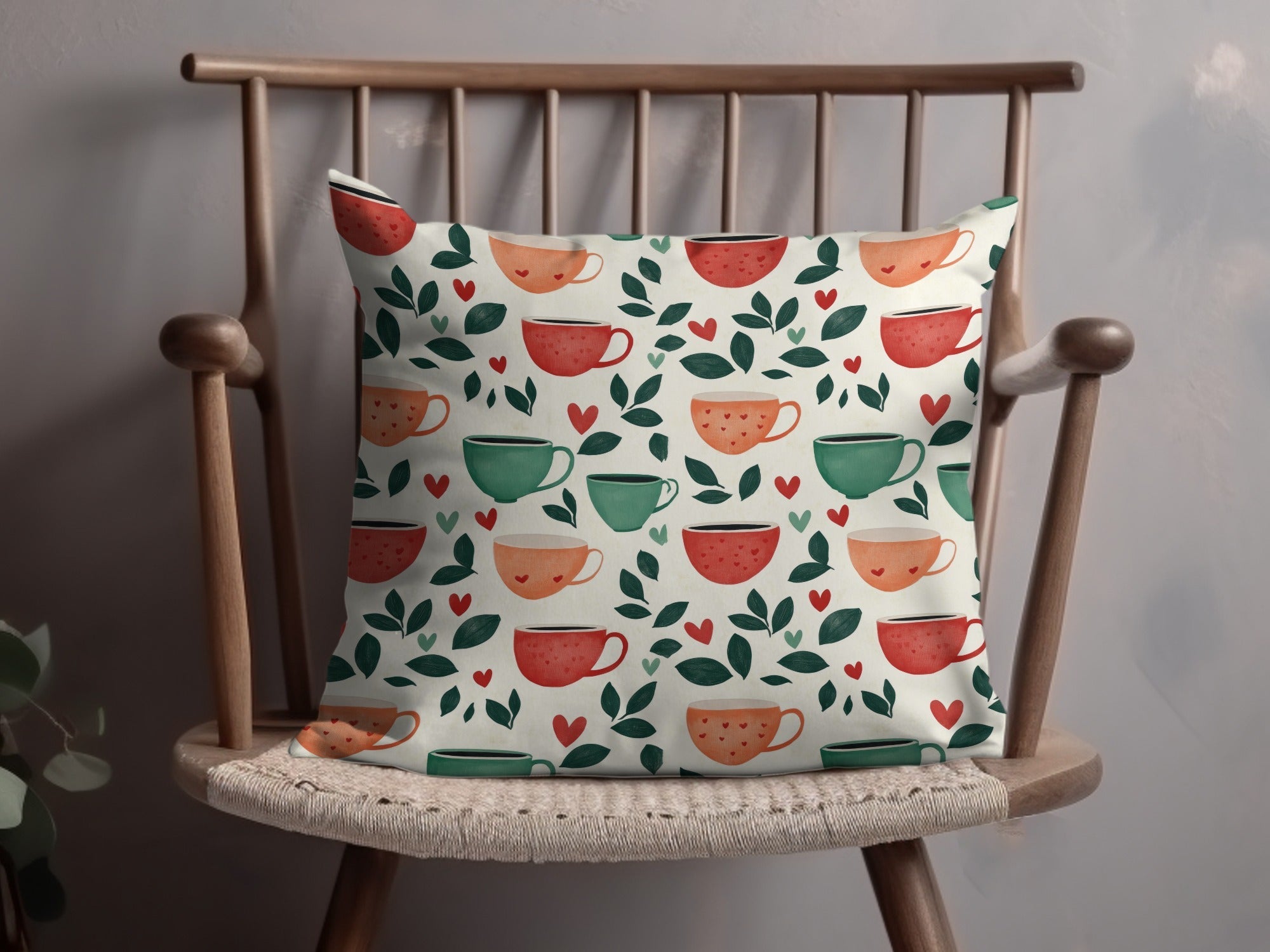Coffee Cup Seamless Pattern Digital Download, Cafe Print, Kitchen Art, Hearts and Leaves, Repeat Design, Commercial Use