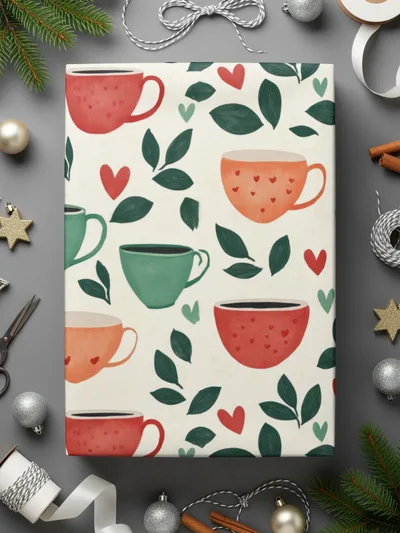 Coffee Cup Seamless Pattern Digital Download, Cafe Print, Kitchen Art, Hearts and Leaves, Repeat Design, Commercial Use