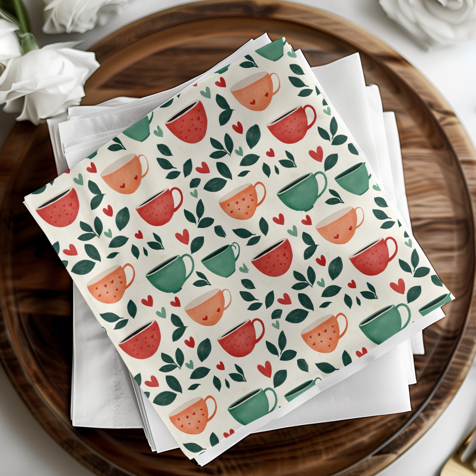 Coffee Cup Seamless Pattern Digital Download, Cafe Print, Kitchen Art, Hearts and Leaves, Repeat Design, Commercial Use