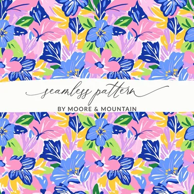 Colorful Abstract Floral Digital Paper Seamless Pattern | Bright Blue Pink Green Yellow Flowers, Preppy Tropical Art Print Download