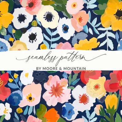 Colorful Floral Digital Paper, Flower Pattern, Spring Blossom Design, Abstract Bloom Art, Navy Background Print, Repeating Tile