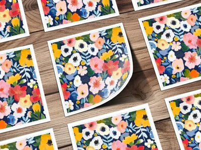Colorful Floral Digital Paper, Flower Pattern, Spring Blossom Design, Abstract Bloom Art, Navy Background Print, Repeating Tile