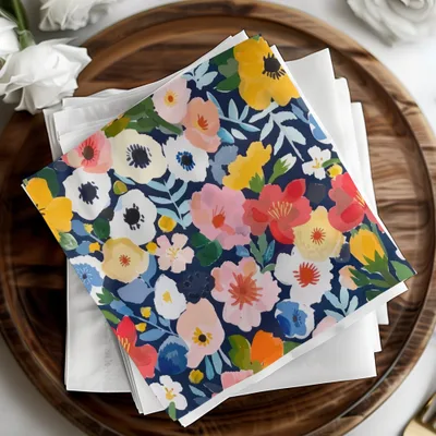 Colorful Floral Digital Paper, Flower Pattern, Spring Blossom Design, Abstract Bloom Art, Navy Background Print, Repeating Tile