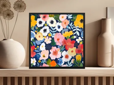 Colorful Floral Digital Paper, Flower Pattern, Spring Blossom Design, Abstract Bloom Art, Navy Background Print, Repeating Tile
