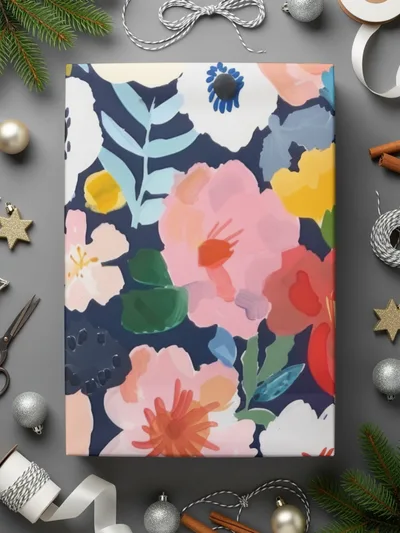 Colorful Floral Digital Paper, Flower Pattern, Spring Blossom Design, Abstract Bloom Art, Navy Background Print, Repeating Tile