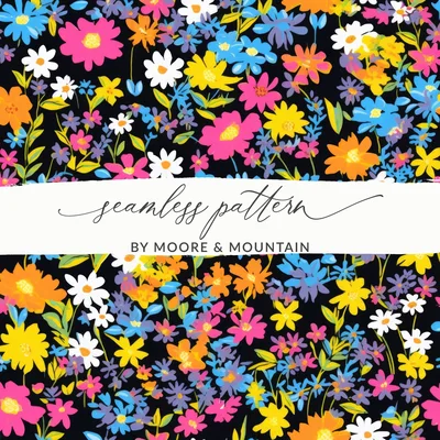 Black Ditsy Floral Digital Paper, Seamless Flower Pattern Dark