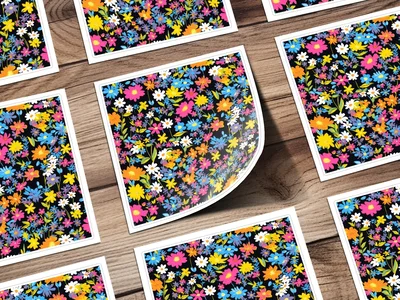 Black Ditsy Floral Digital Paper, Seamless Flower Pattern Dark