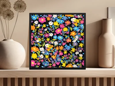 Black Ditsy Floral Digital Paper, Seamless Flower Pattern Dark