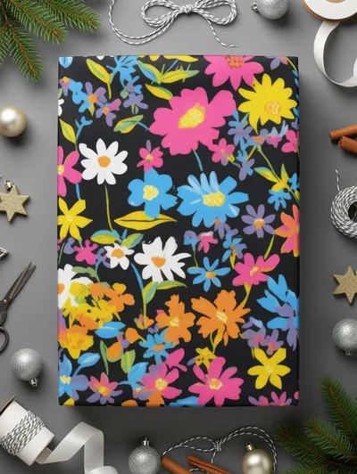 Black Ditsy Floral Digital Paper, Seamless Flower Pattern Dark