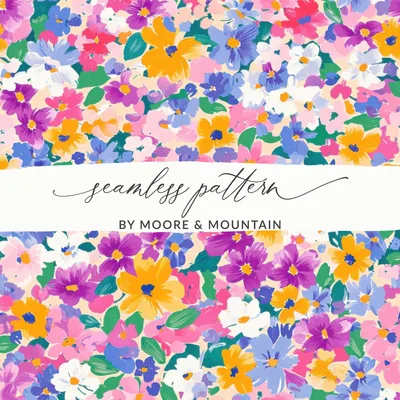 Colorful Floral Digital Paper, Spring Flower Pattern, Blue Pink Yellow, Abstract Flower Background, Pastel Seamless Pattern, Digital