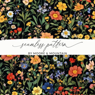 Colorful Floral Pattern Spring Summer Black Seamless Digital Pattern