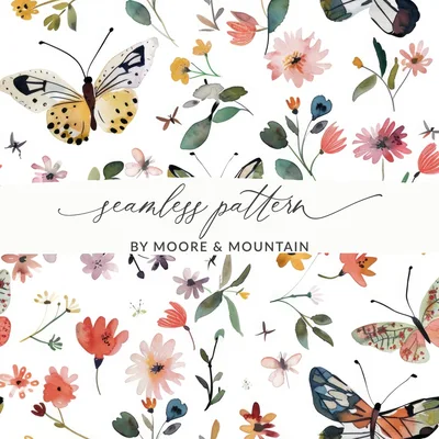 Colorful Spring Floral Butterfly Watercolor Pattern Digital