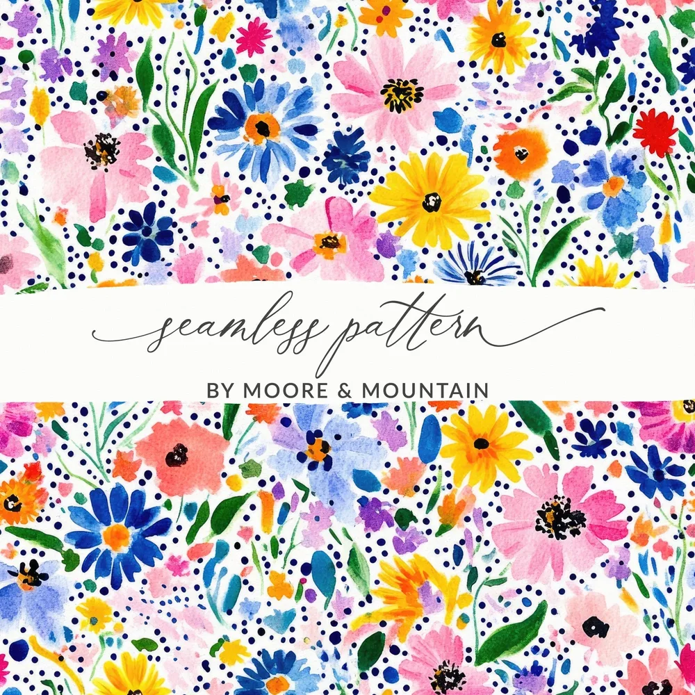 Colorful Spring Watercolor Floral Pattern, Summery Floral Background With Dots