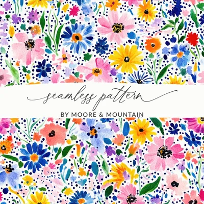 Colorful Spring Watercolor Floral Pattern, Summery Floral Background With Dots