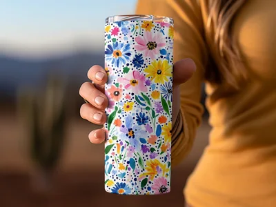 Colorful Spring Watercolor Floral Pattern, Summery Floral Background With Dots
