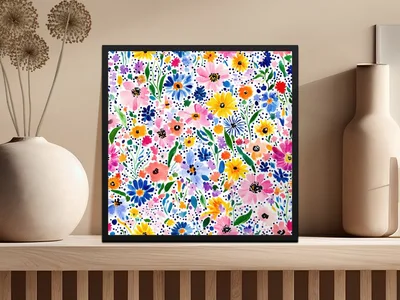 Colorful Spring Watercolor Floral Pattern, Summery Floral Background With Dots