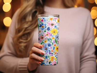Colorful Spring Watercolor Floral Pattern, Summery Floral Background With Dots