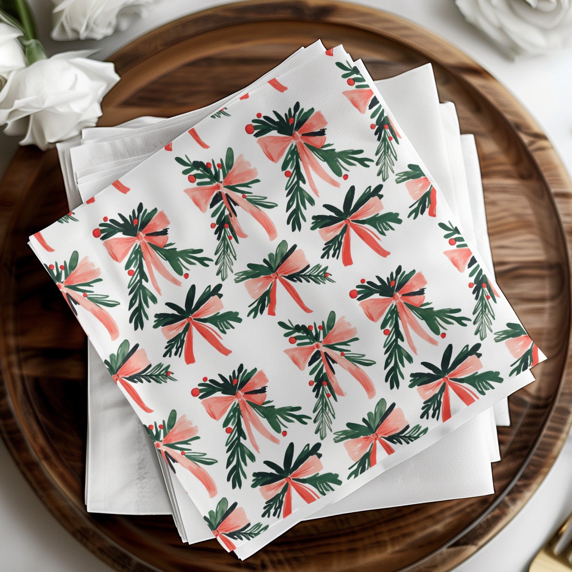 Coquette Christmas Festive Bows With Pine Sprigs Holiday Repeat Digital